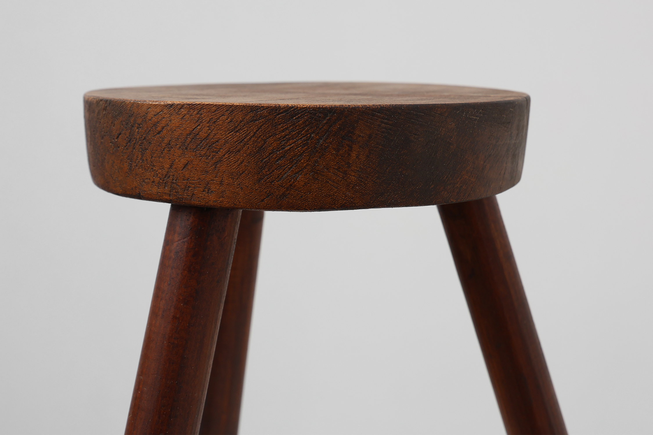 Rustic oak wooden tripod stool, France, ca. 1900thumbnail
